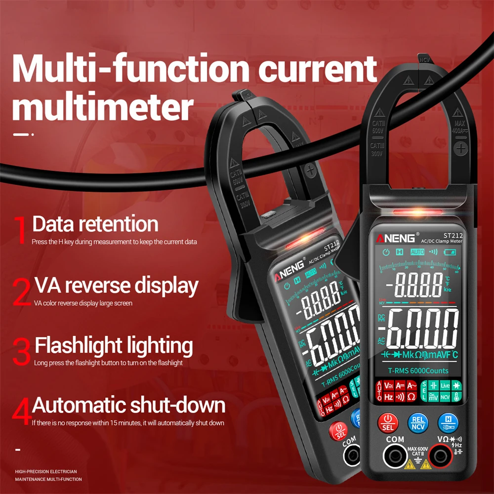 ANENG ST211 ST212 Digital Clamp Meter  NCV Ohm Test 6000 Counts Multimeter DC/AC Voltage Current Tester Car Amp Hz Big Color Scr