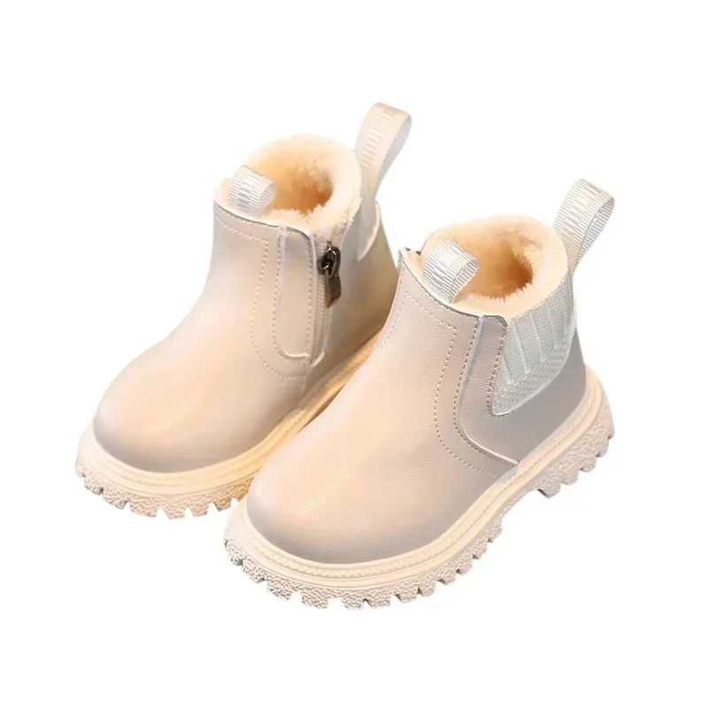Bottes en cuir coordonnantes pour enfants, bottes de rinçage décontractées, confortables, simples, fermeture éclair latérale, velours chaud, garçons, filles, automne, hiver