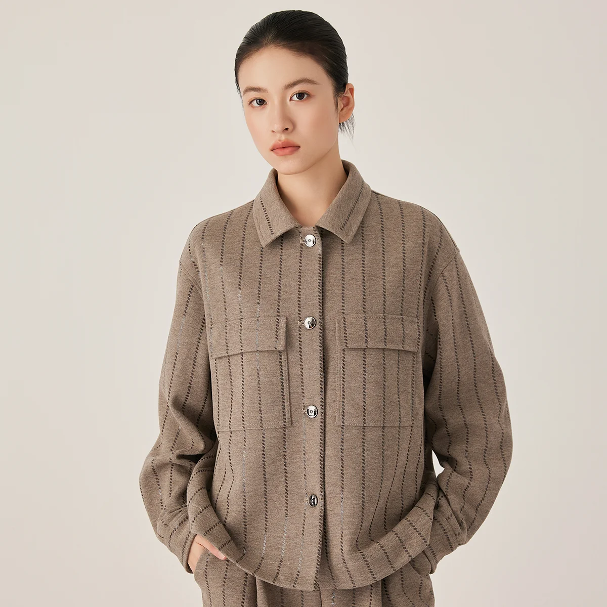 KL7523334 In Stock Elegant Wool Blend Women's Pinstripe Jacket Button Front Oversized Blouse Style Casual Luxury Outerwear