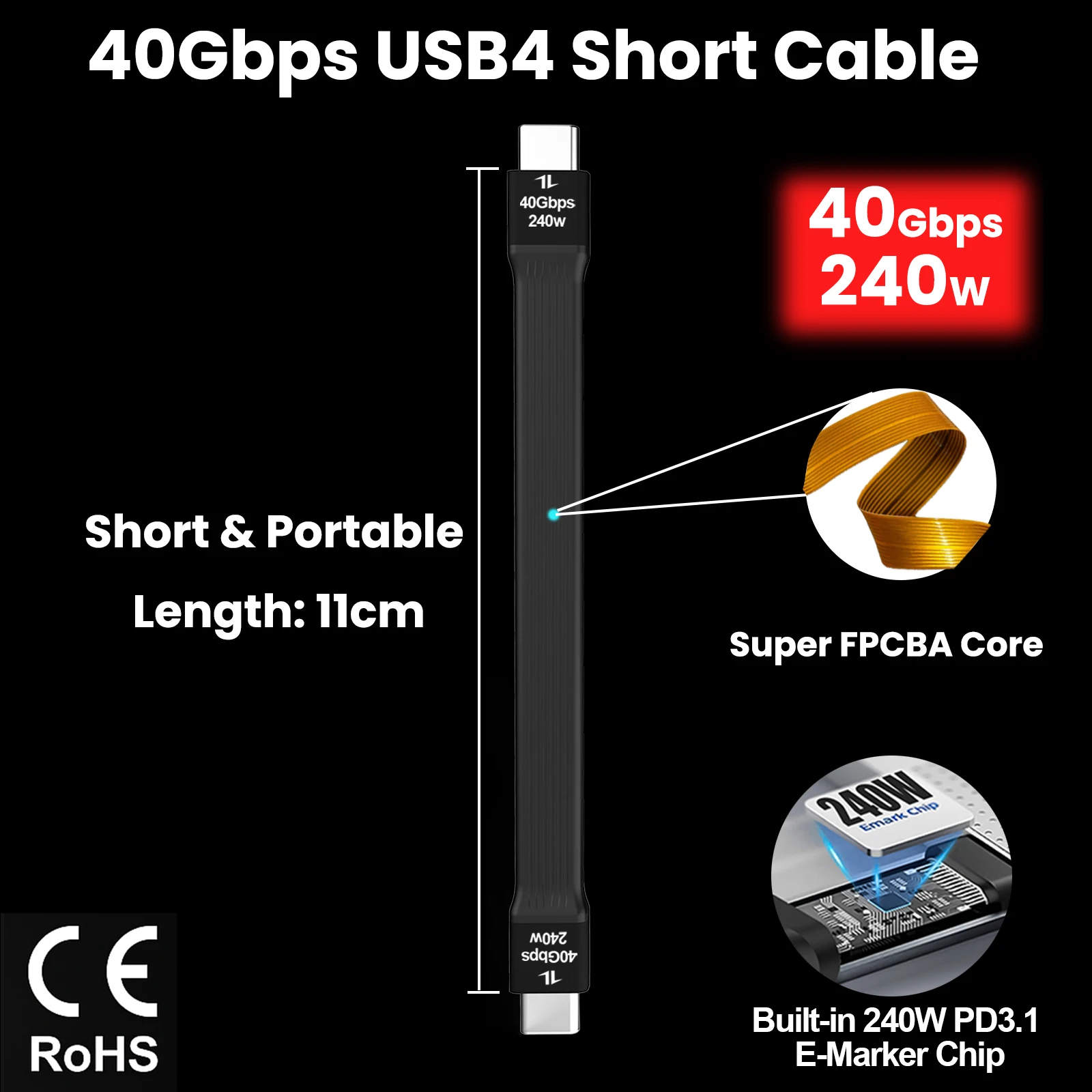 

40Gbps USB4 Short Cable 240W PD3.1 FPCB Flat Design 8K Video Data Cord for MacBook Pro Air iPad Pro External SSD Docking