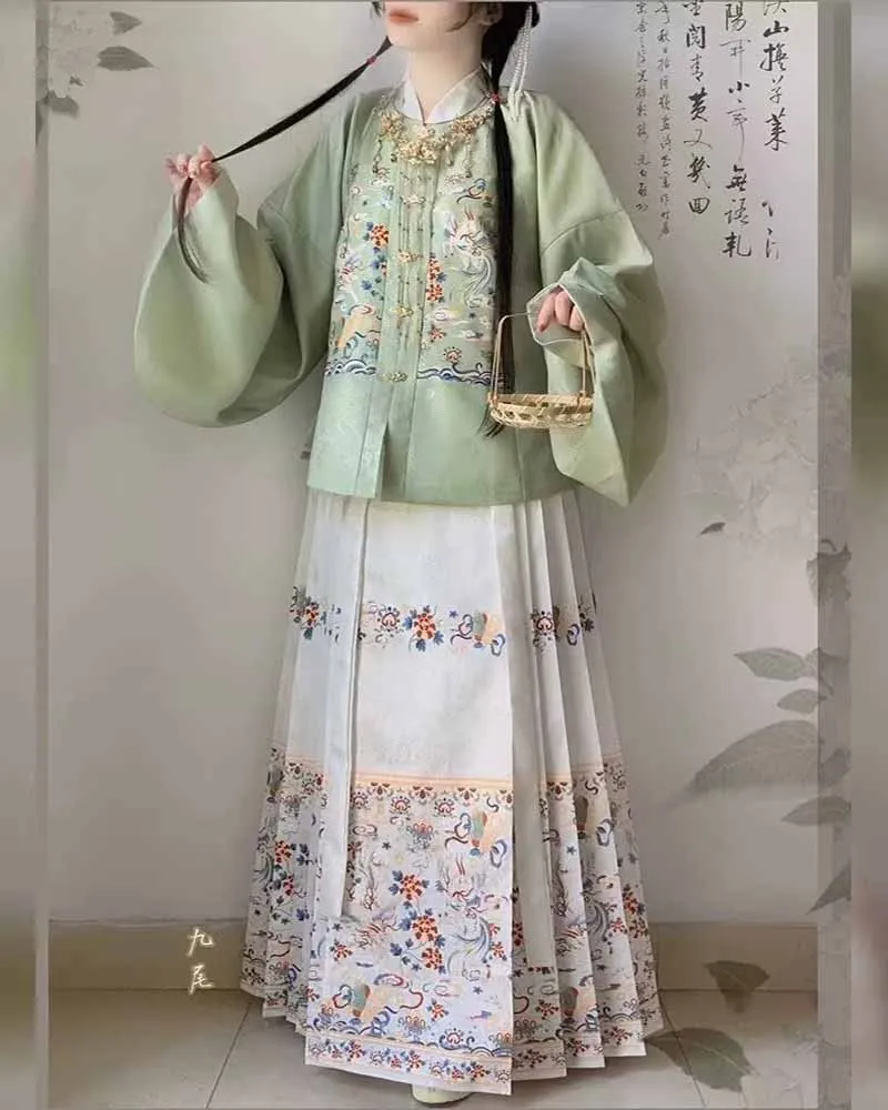 Large Size 10XL Chinese Hanfu 2pcs Sets Women New Year Costume Ming Dynasty Horse Face Skirt Shirt+Pleats Skirt Plus Size 8XL