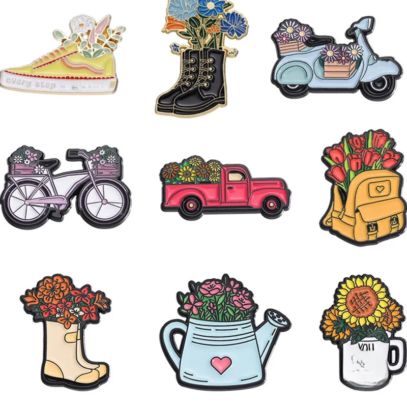 AliExpress Creative Flower Enamel Brooch Motorcycle Shoes Cowboy Flower Bike Bag Love Kettle Sunflower Flower