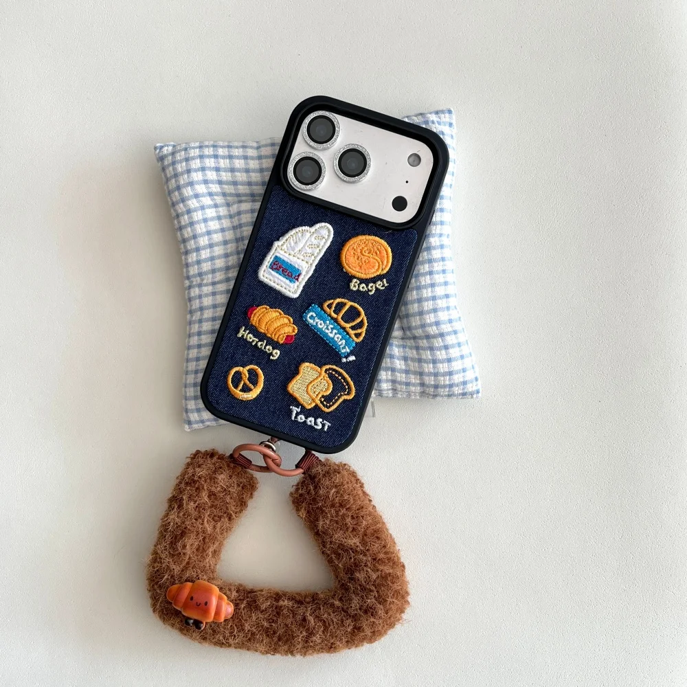 

Denim embroidered bread phone case, suitable for iPhone 14/15/16/17 Pro Max, Fundans 17 Pro new shockproof protective case