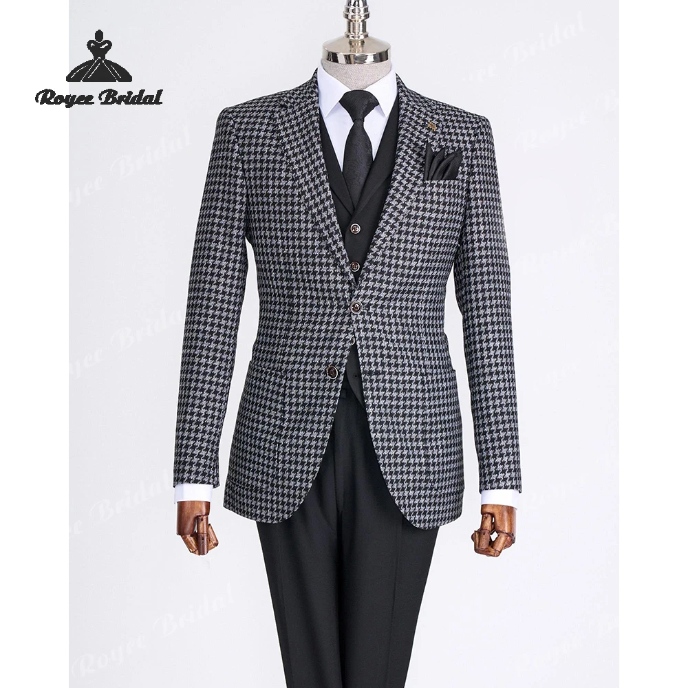 Black Herringbone Three Piece Single Breasted Wedding Men's Suits 2026 Notch Lapel Business Prom Suits costume homme mariage
