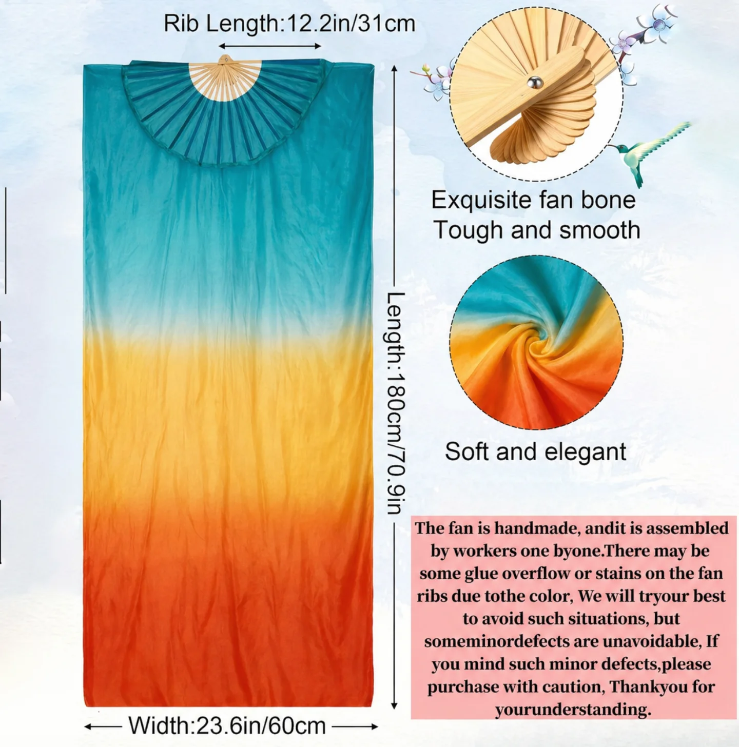 1 Pair Belly Dance Fans 1.8m (L+R) Artificial Silk Hand Made Belly Dancing Fans Veils with Bamboo Frame Foldable Faux Silk Veil