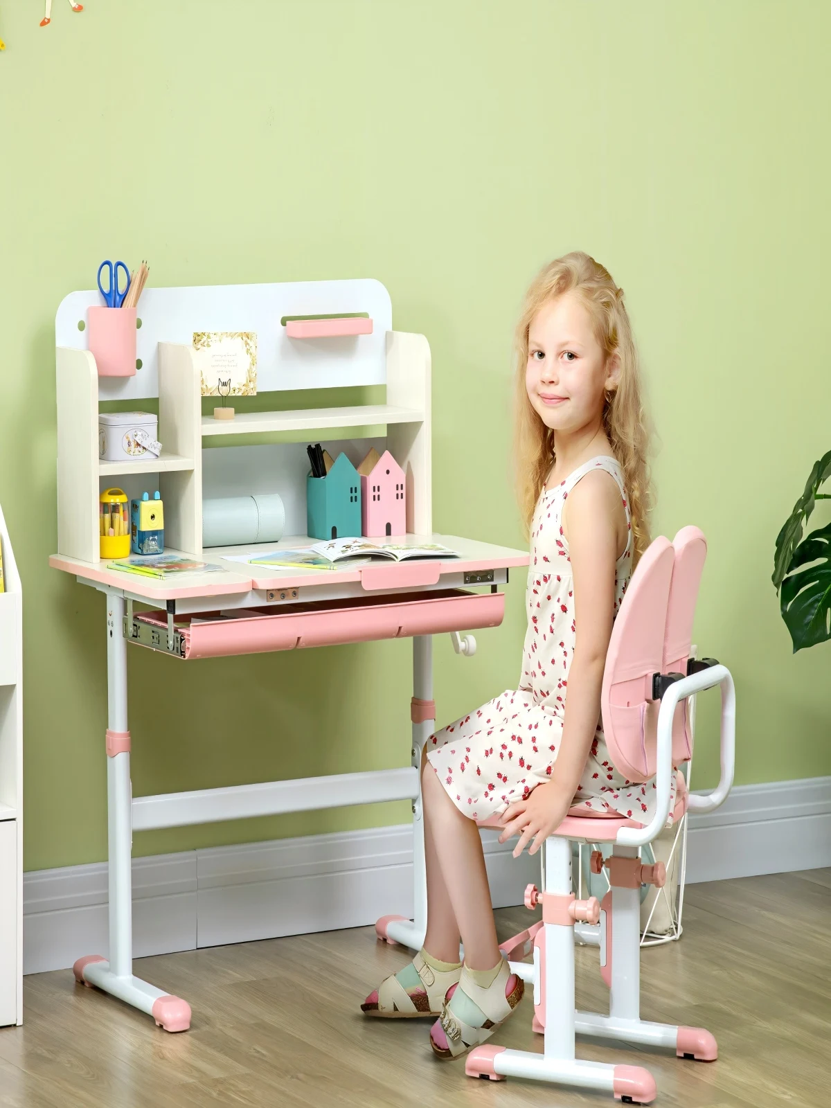 Rosa höhenverstellbares Kinder-Schreibtisch- und Stuhl-Set, ergonomische Lern- und Arbeitsstation mit neigbarer Tischplatte, abnehmbarem Bücherregal und Schublade, Kinderschreibtisch für Hausaufgaben,