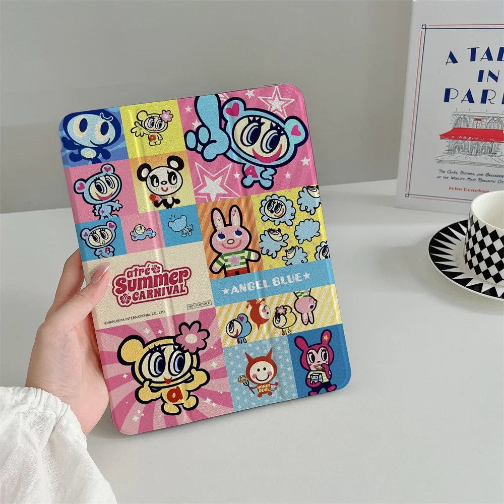 Kawaii Angel Blue Grid Cartoon iPad Tri-fold Case Auto Wake Sleep For iPad 11