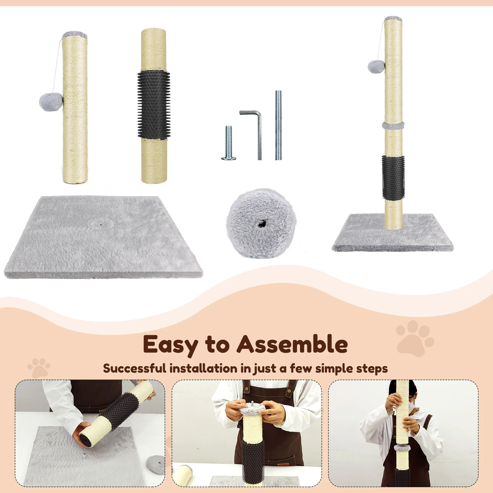 Griffoir pour chat gris de 80 cm, centre d'activités, avec corde en sisal, boule interactive suspendue, base robuste antidérapante recouverte de tapis, protection de meubles, arbre à grimper et maisonnette pour chatons, robuste et durable