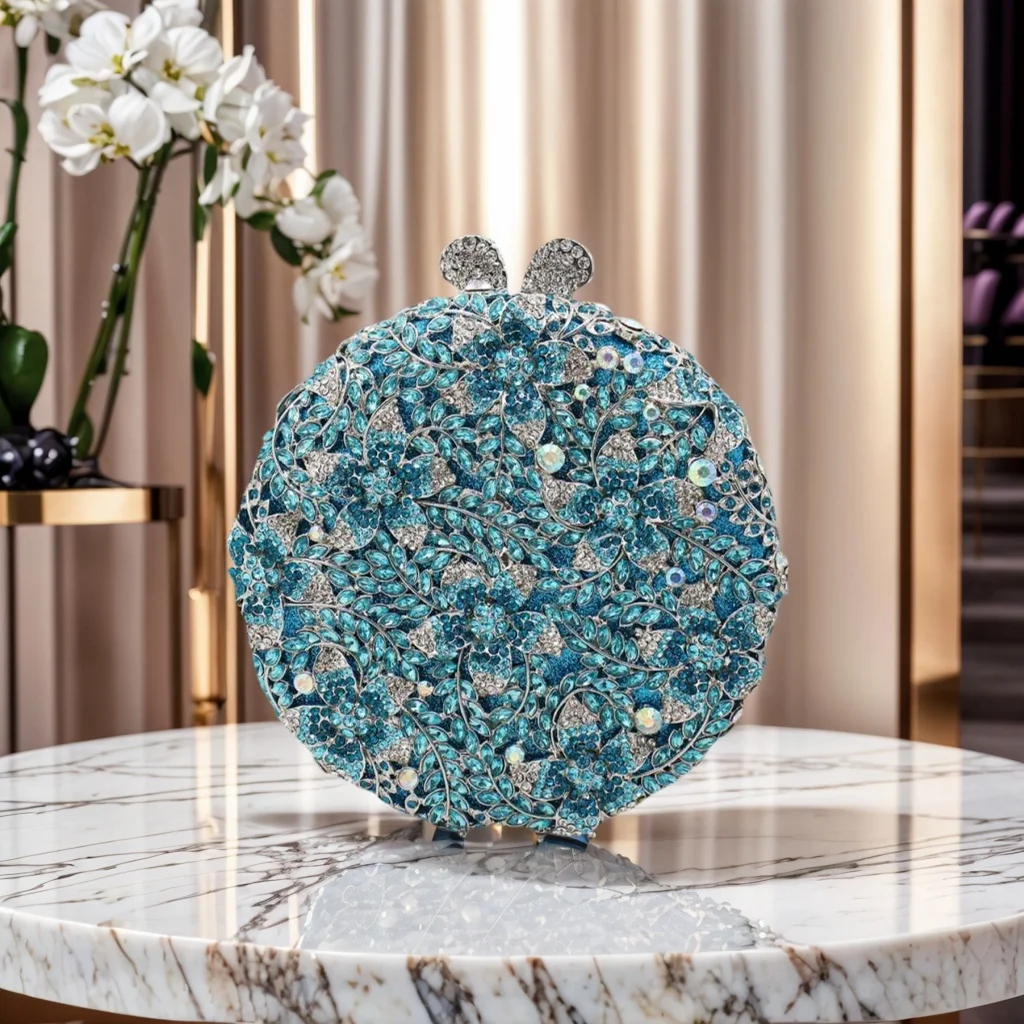

Elegant Women Floral Rhinestone Evening Bag Chic Flower Crystal Round Clutch Diamond Handbag Purse for Prom Dating Wedding