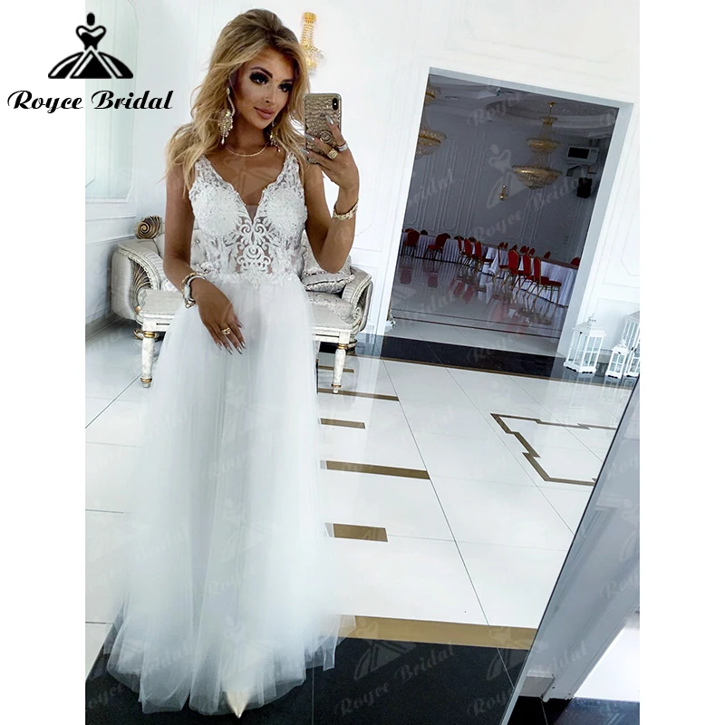 Đời Boho Chữ V Sexy Hở Lưng Ren Appliques Chữ A Áo Cưới Lưới Áo Dài Cô Dâu Càn Quét Lệch Vai Vestidos De Fiesta