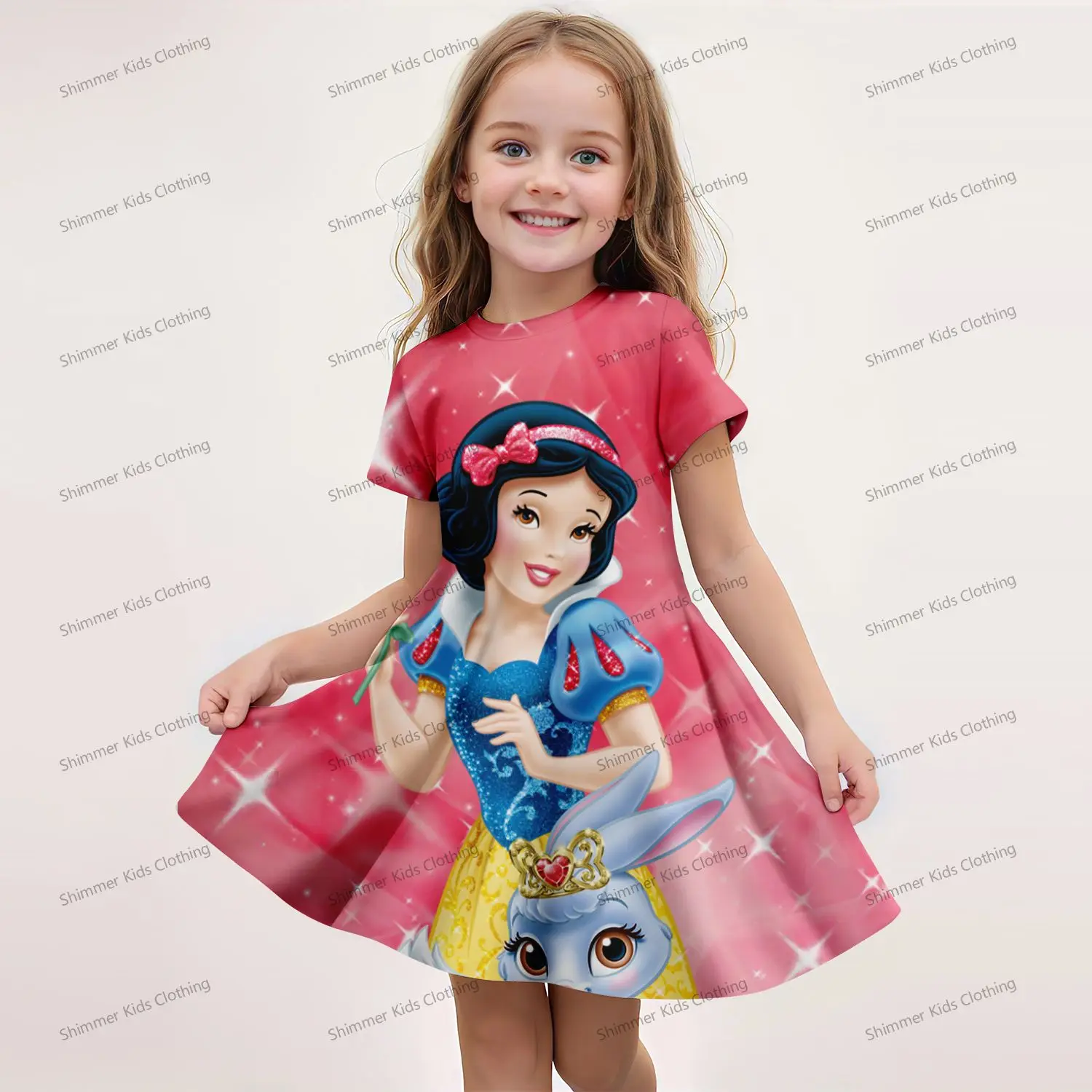 MINISO 2024 Summer 3-14 Years Children's Cute Girls Lightweight-Breathable Imitation Cotton Snow White Print Short Sleeves Dress