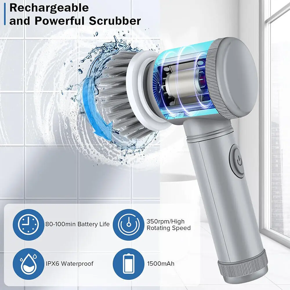 Spazzola elettrica ricaricabile senza fili, ideale per la pulizia a spazzola, con funzione turbo, spazzola portatile senza fili per la pulizia di bagni, cucine, piastrelle e vasche da bagno.