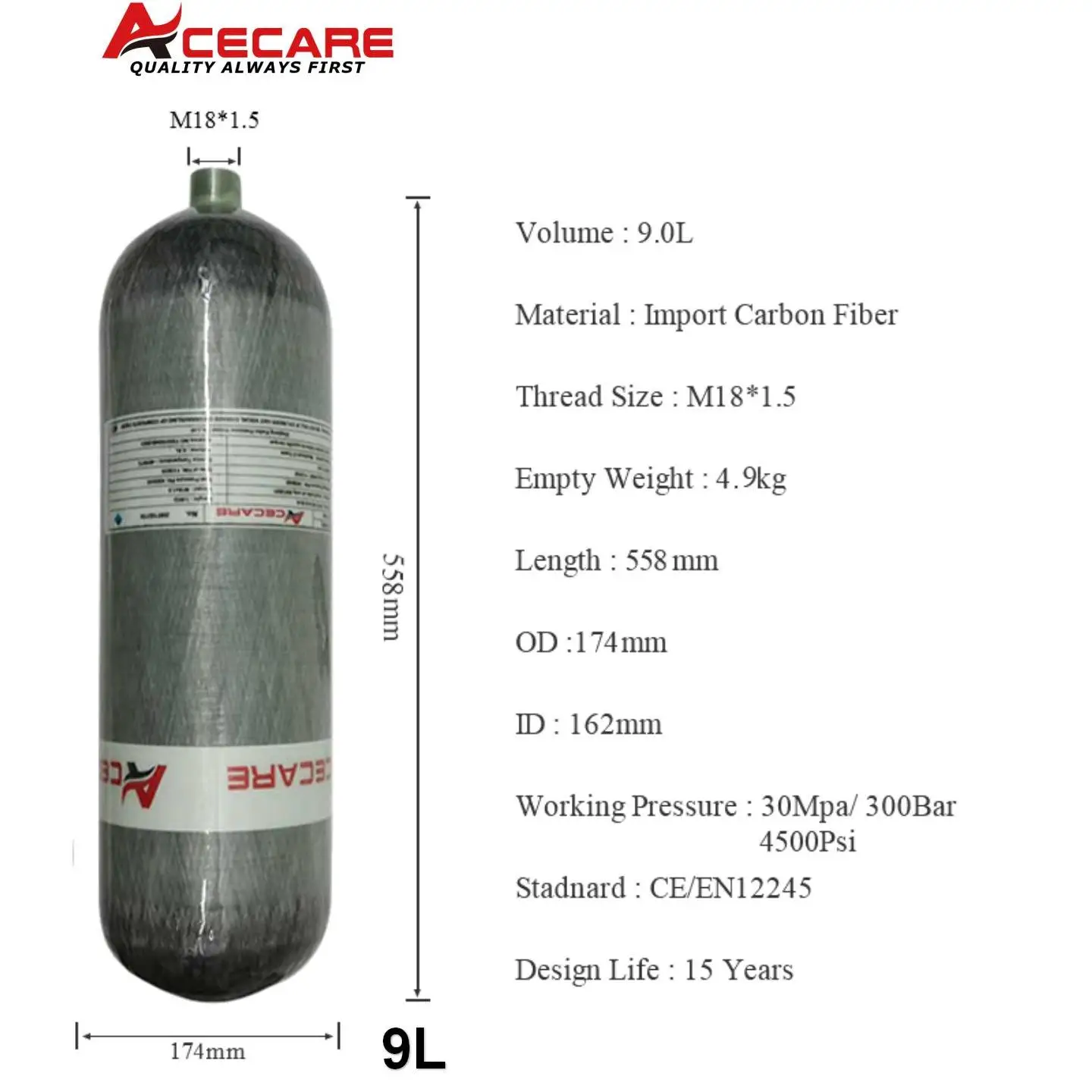 ACECARE 4500psi 30Mpa 9L Carbon Fiber Cylinder with Cylinder Backpack Bag 300Bar High Pressure HPA Cylinder for Scuba Diving