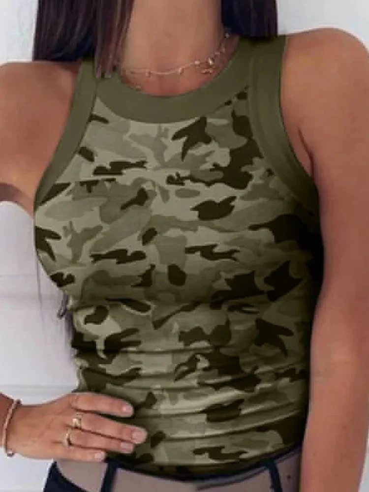 Sexy Sleeveless Small Camisole Women Camo Print Tank Tops Summer Casual O-Neck Elastic T-shirt Wear Bottoming Tops Outside — zdjęcie 2