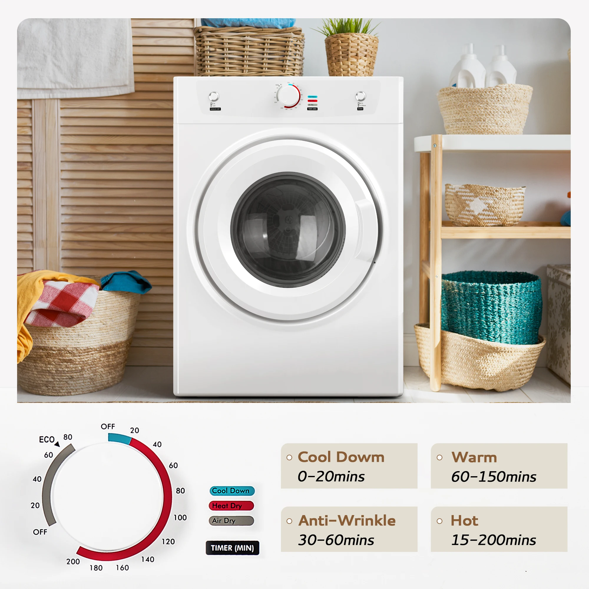 مجفف ملابس كهربائي من الفولاذ المقاوم للصدأ SIMZLIFE Cu. ft ، مجفف تعثر مع خرطوم العادم ، المنزل ، الشقة ، النوم ، W