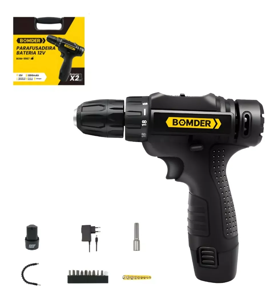 12V Impact Bolder BOM-9967 Bivolt 2 Batteries Lithium Ion Mandrel 10mm Professional Lightweight Household