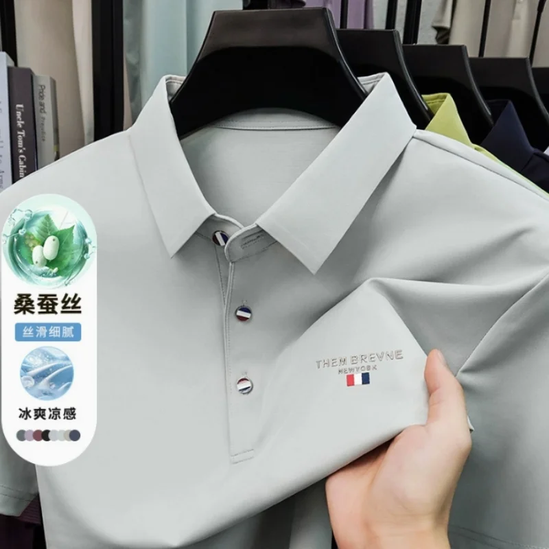 New Arrival High Grade Men Polo Shirt Mulberry Silk Businees Tshirt Short Sleeve Casual  Collar Men Clothing C0256