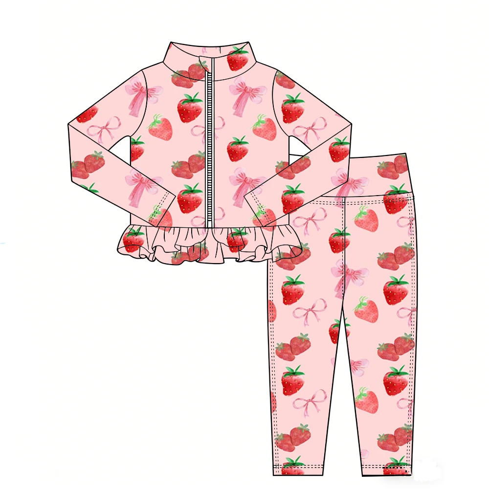 Boutique Hot-selling girls' outfit long-sleeved and long-legged with ruffled zipper and fruit print custom wholesale