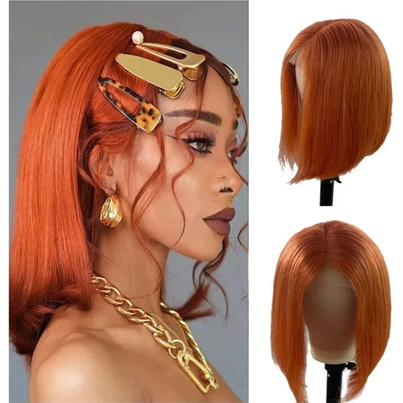 

Ginger Lace Front Wig Straight 13x4 Short Bob Human Hair Wigs Brazilian Natural Remy Pre-plucked For Women With Baby Hair