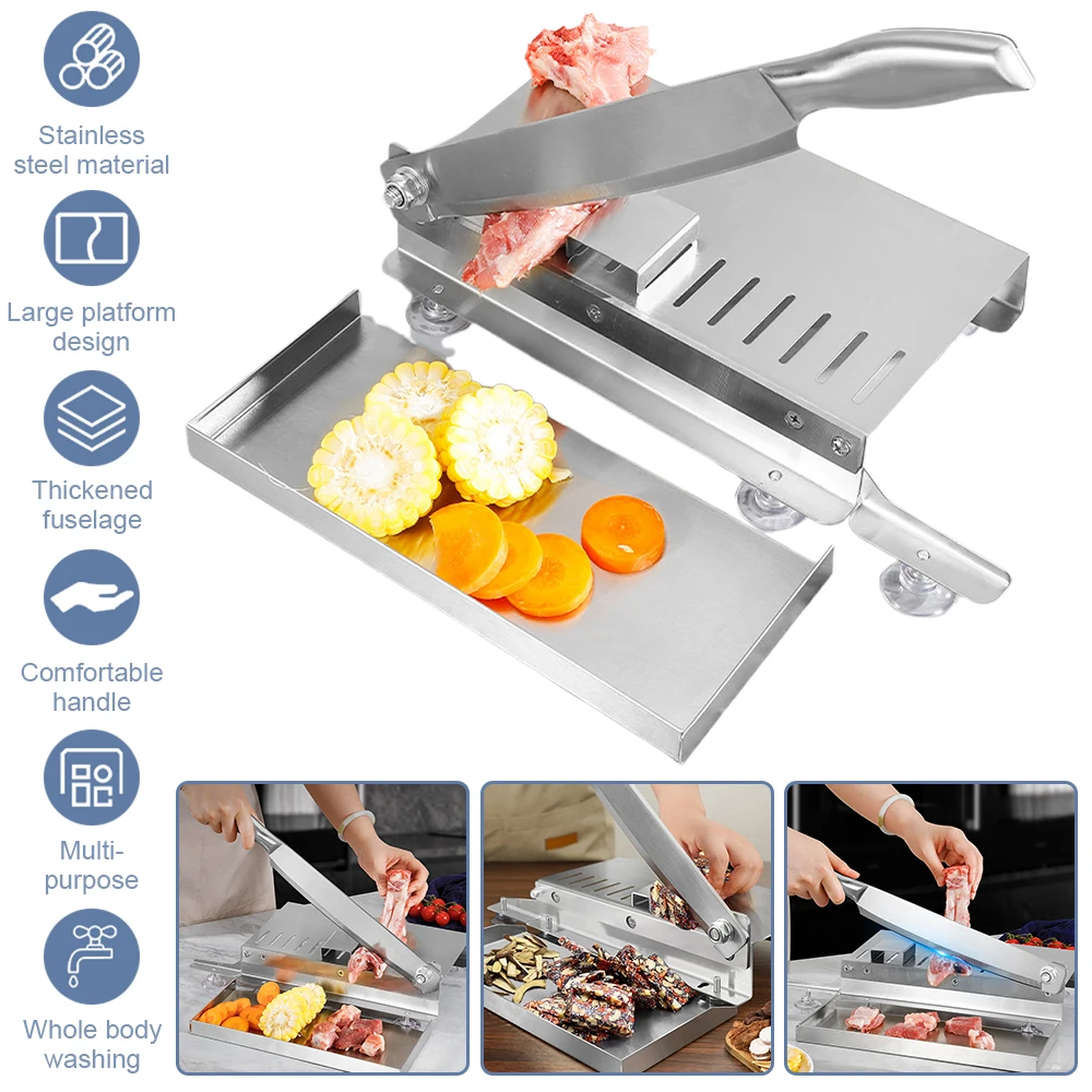 Cortador de Carne Manual de Acero Inoxidable, Rebanador de Alimentos Congelados de Alta Resistencia, Cuchilla Reforzada y Base Antideslizante, Palanca Ahorradora de Esfuerzo para Huesos