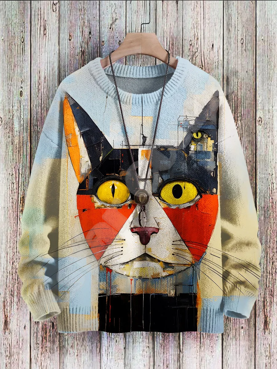 NewFashion Graffiti Stripe Tattoo Cat Animal Retro Ugly Knitted Sweater Streetwear 3DPrint Harajuku Casual Winter Sweatshirts X4