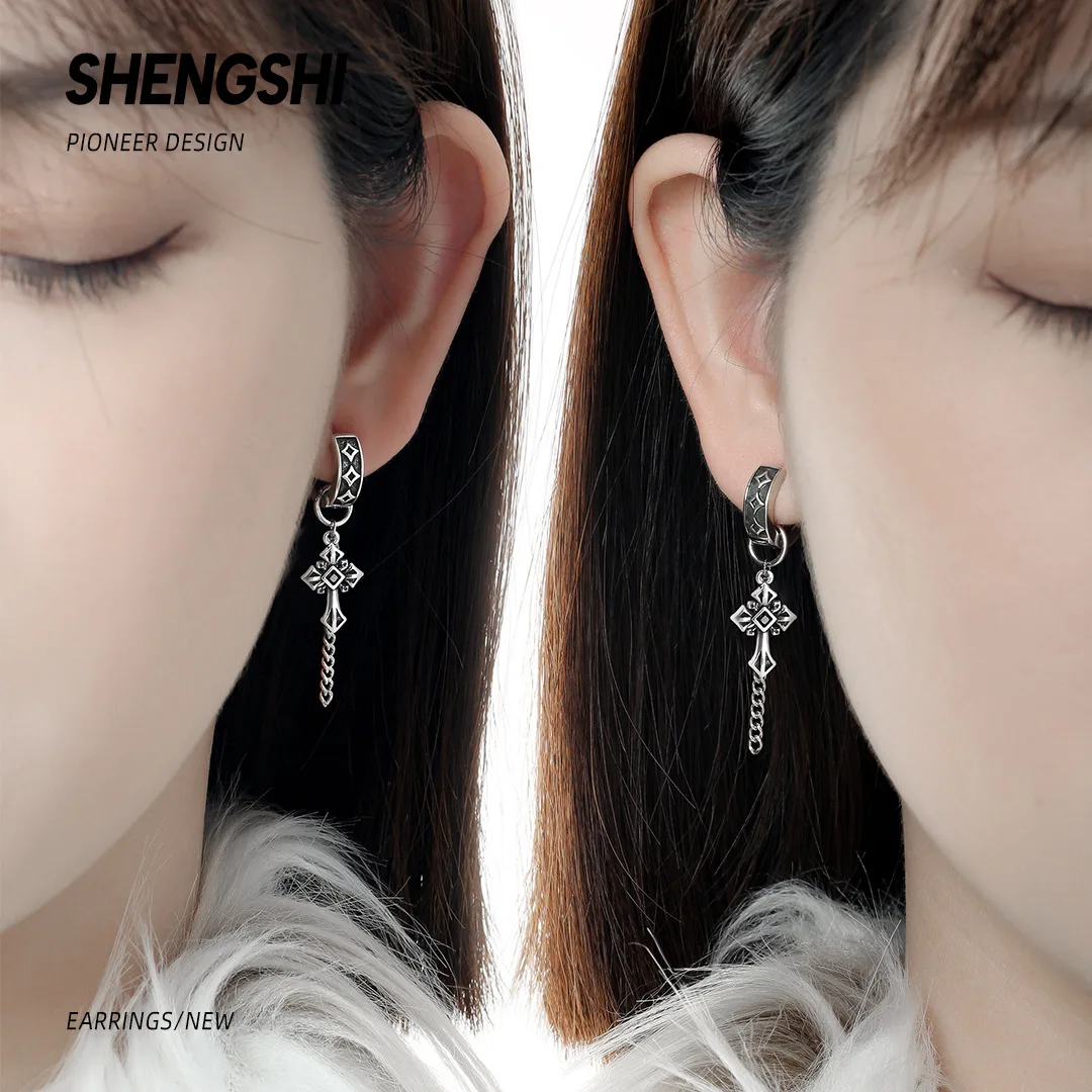 SHENGSHI dark Department of retro old cross tassel earrings earrings personality niche jewellery earrings