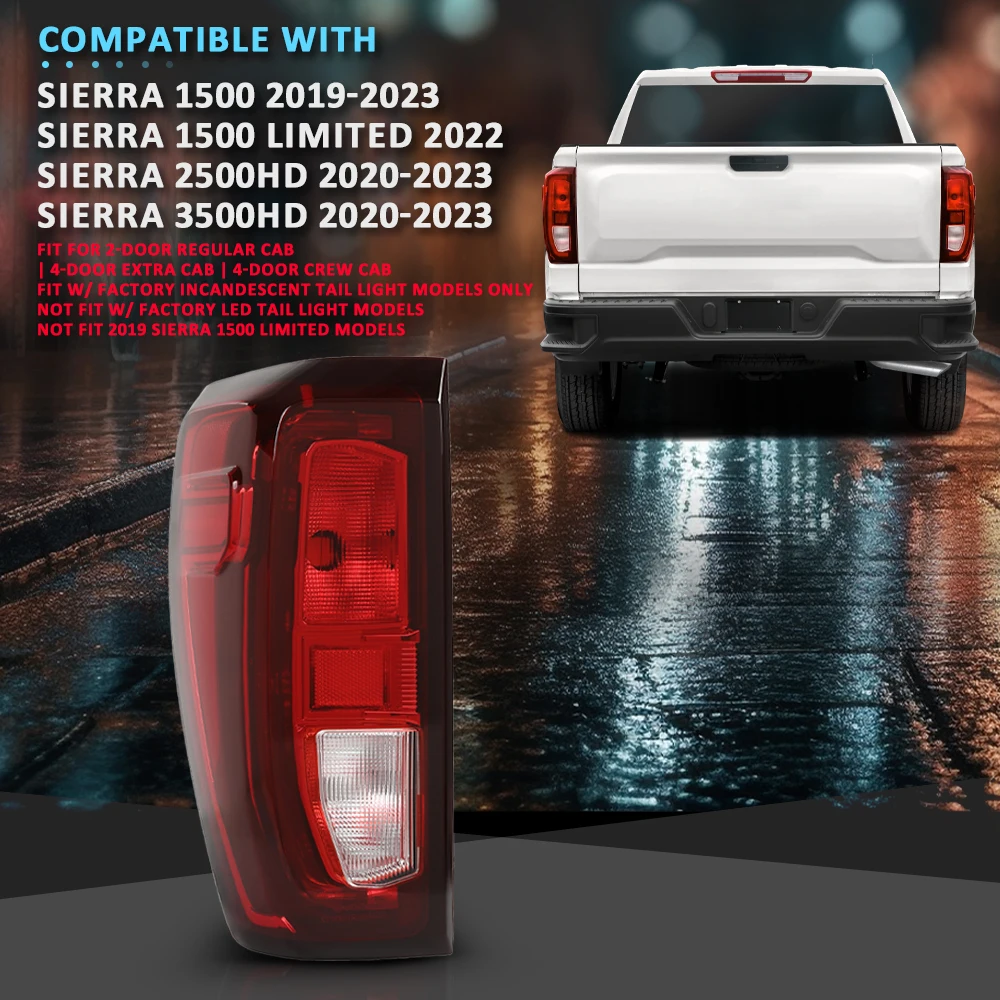 

Задние стоп-сигналы, левые задние фонари водителя, галогенные, подходят для 19-23 Gmc Sierra, прозрачные/красные линзы, хромированный корпус, водонепроницаемый