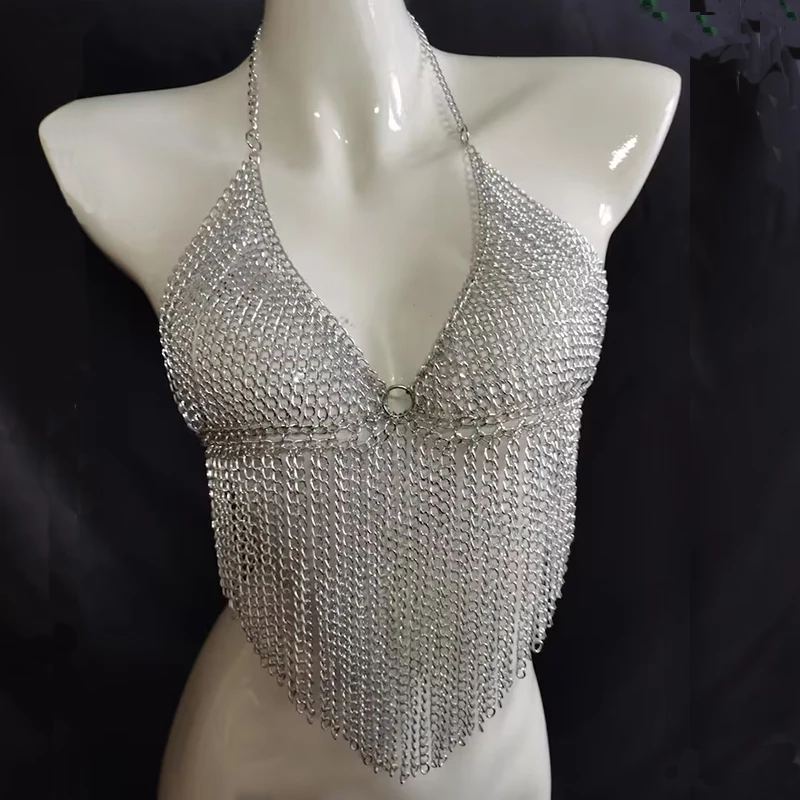 Sliver Fringe Chainmail Top Tassel Vest Women Bikini Cover Up Body Bra Chain Harness Chest Jewelry Metallic Festival Crop Tops