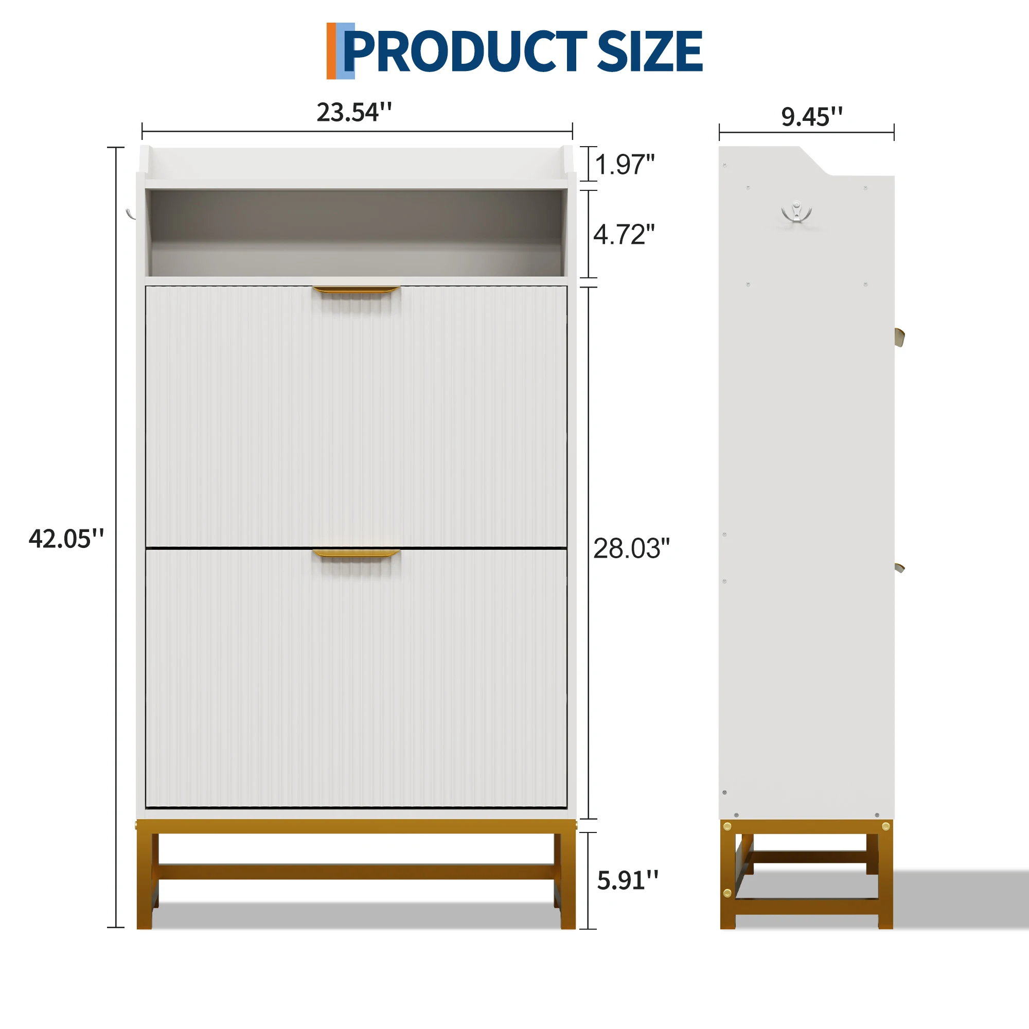 Slanke moderne schoenenkast met opklapbare laden, gegroefd ontwerp, open opbergplank, metalen poten. Ultradunne ruimtebesparende entree-organizer voor de hal en woonkamer. Stofdichte kantelbare
