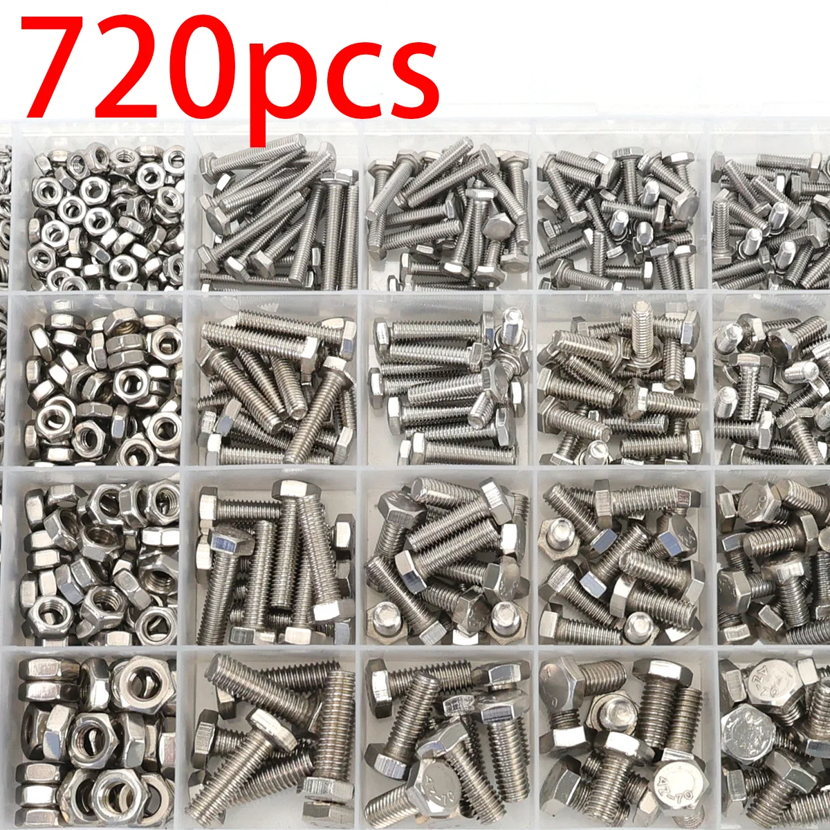 720pcs Stainless Steel Hex Head Bolt and Nut Kit, with Washers and Spring Washers, M3/M4/M5/M6 Full Thread, A2/A4 Marine Grade.