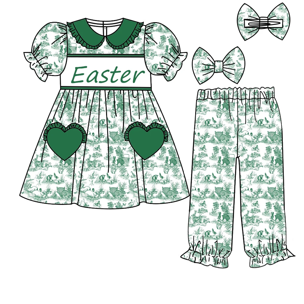 Boutqiue Easter Children's Clothing Short-Sleeve Heart-Shaped Pocket Girl Set Bunny Print Boy Pajama Set 2-Piece Set