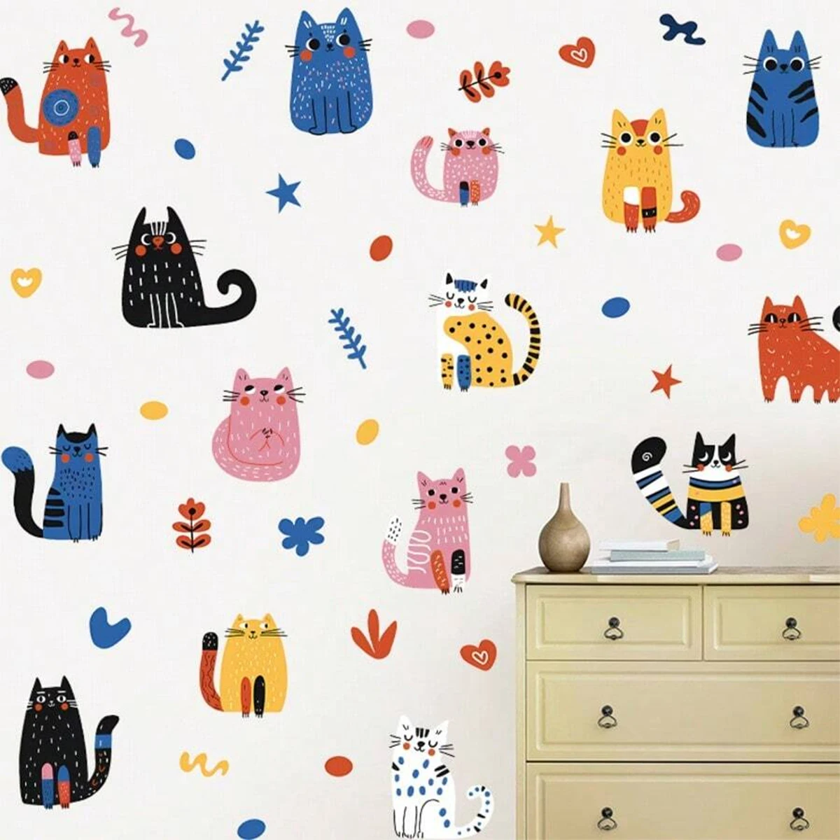 44Pcs Boho Colorful Cute Cats Wall Stickers Cartoon Animal Decal DIY Peel and Stick Vinyl Wallpaper for Kids Room Home Decor