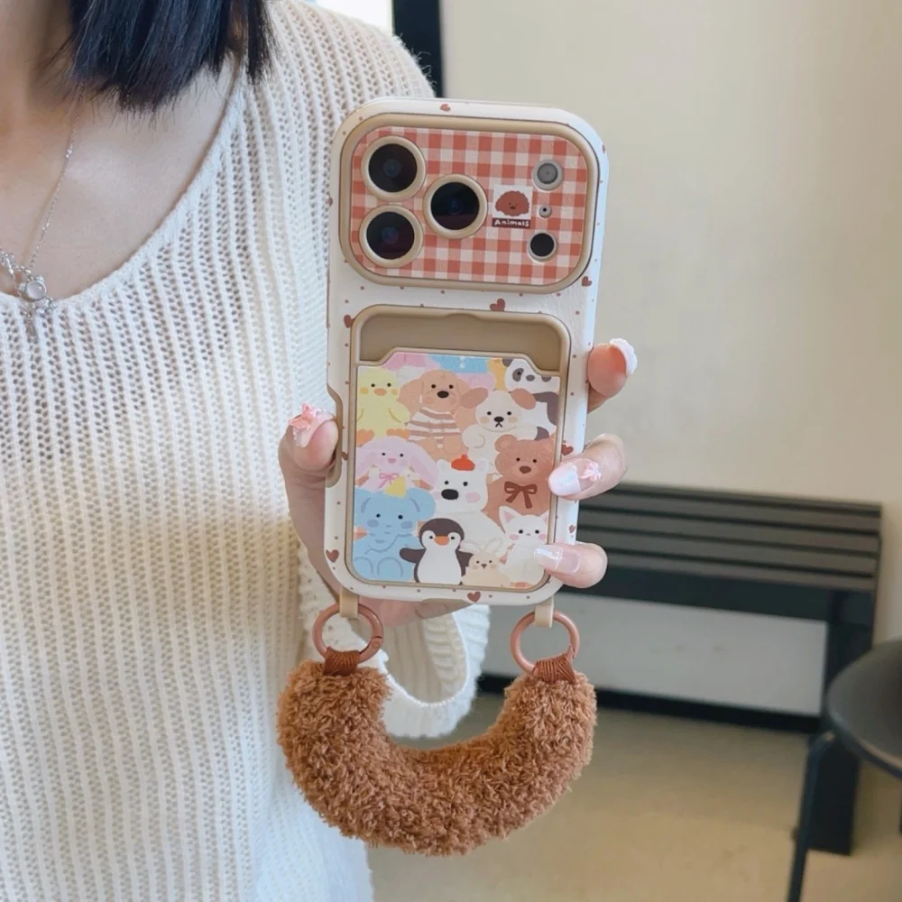 

Cute card animal leather phone case, suitable for iPhone14/15/16/17 Pro Max, Fundans 17 Pro cute new shockproof protective case