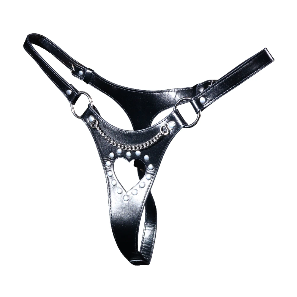 Heart Cutout Leather Strap-On Harness Panties Metal Rivet Dildo Holder Lesbian Couples Sex Toys Body Restraints Belt for Women - view 4