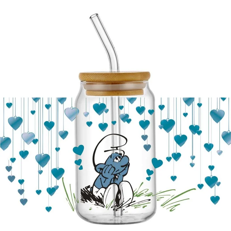 Miniso Cartoon The Smurfs Pattern UV DTF Transfer Sticker Waterproof Transfers Decals For 16oz Glass Cup Wrap Stickers