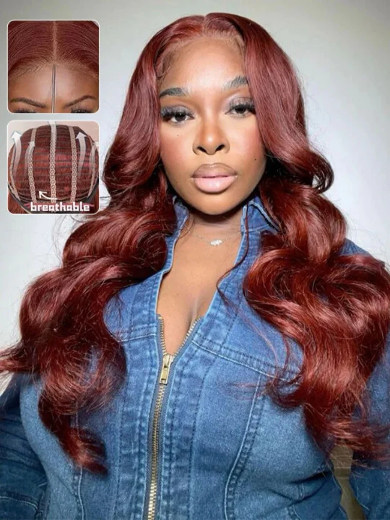 13x4 Reddish Brown Body Wave Pre Bleached Invisible Knots Glueless Human Hair Wig Water Wave Natural Density Auburn Copper Color