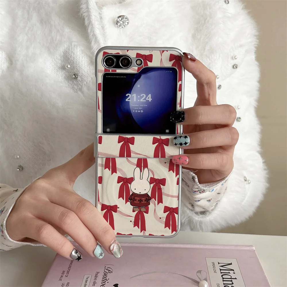 

Korean Bow Miffy Rabbit Cute Phone case for Samsung Galaxy Z Flip7 7FE 6 5 4 Flip6 Flip5 Flip7 6 Cover With Magnetic Fundas Capa