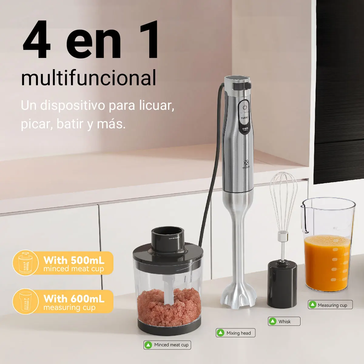 WOOX Batidora de mano 4 en 1 con motor de 1200 W, picadora de 500 ml, batidor y vaso de 600 ml para cocina, batidos y papillas.