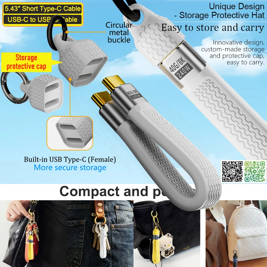 240W Fast Charging Keychain USB C Cable Short,40Gbps Data Type C to Type C Flexible Cord,USB Type C Display 8K 60Hz Flat Wire