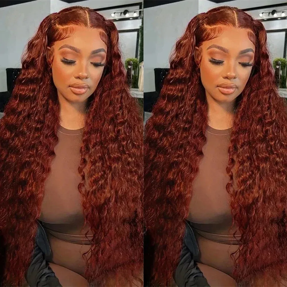 Reddish Brown Curly Human Hair Wigs 13x6 HD Lace Frontal Wig 30 Inch Deep Wave Lace Front Wigs Brazilian 220 Density For Women