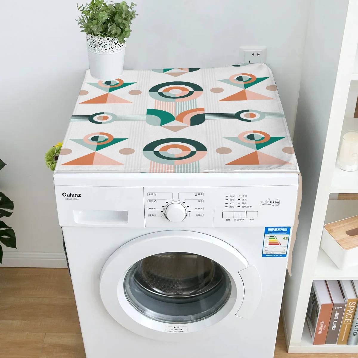 Orange Green Geometric Printed Dust Cover Washing Machine Dust Mat Design Refrigerator Protective Pad Household Home Supplies