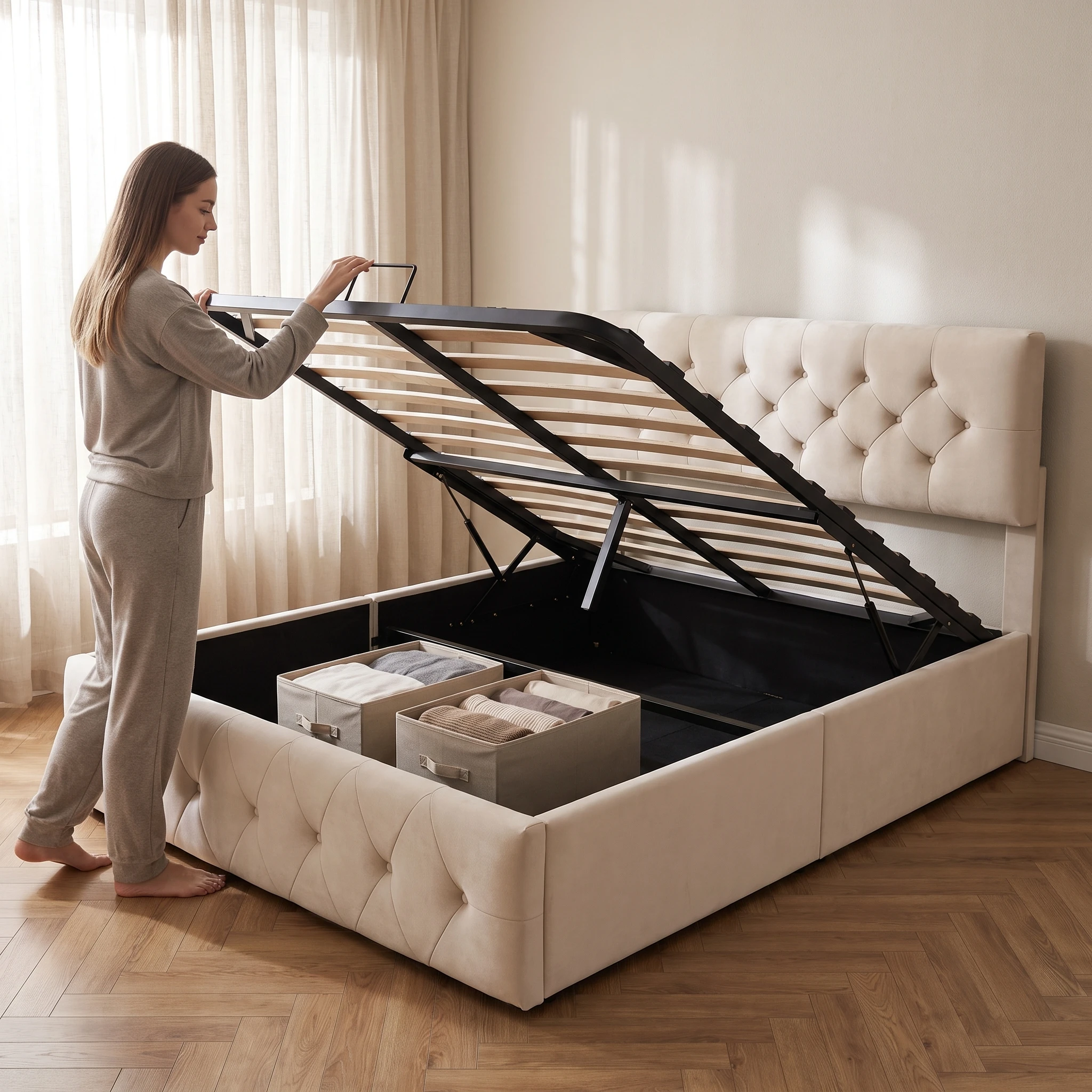 Letto imbottito con contenitore, letto matrimoniale con contenitore, letto per ragazzi con struttura a molle idrauliche e testiera, letto con contenitore, struttura letto con rete a doghe, velluto,