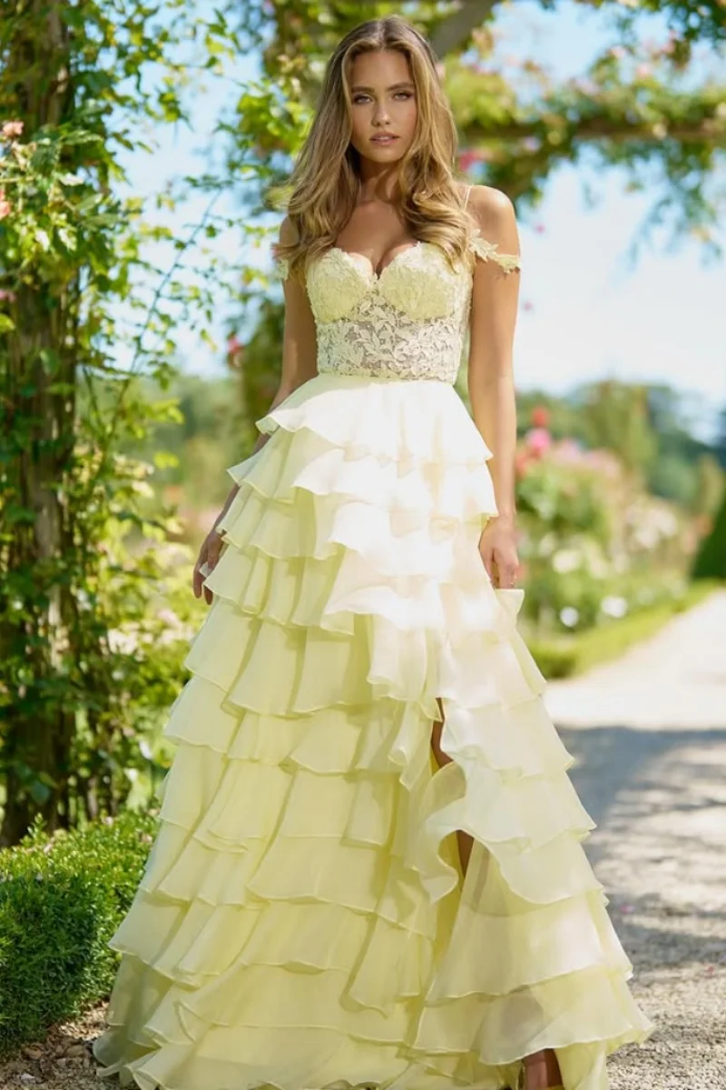 Jessica Sweetheart Yellow Evening Dresses Embroidered Organza Layering Prom Dresses A-line Princess Vestidos De FiestaCustomized