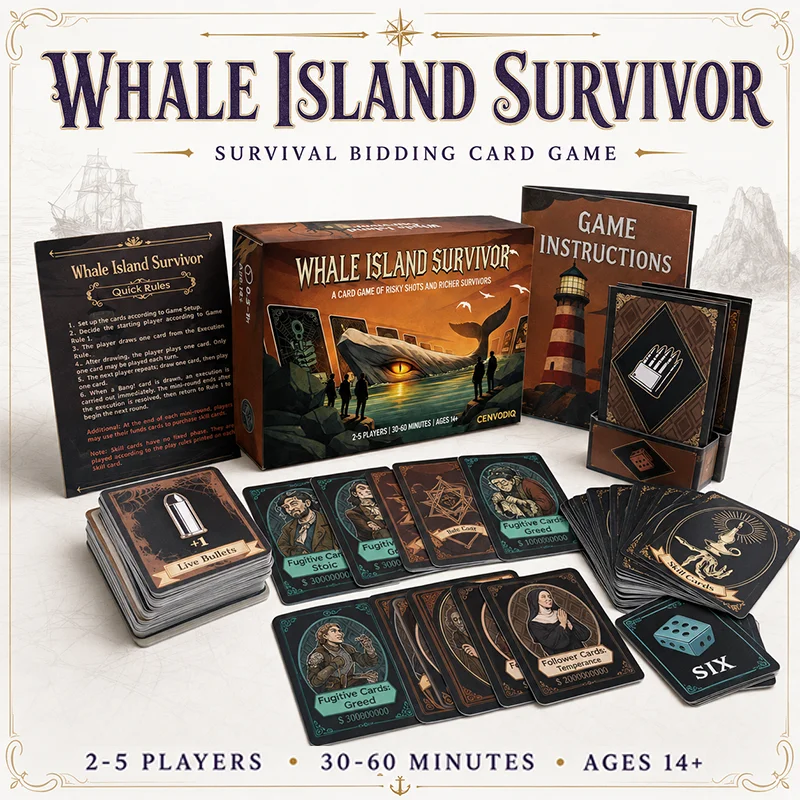 Whale Island Survivor Kartenspiel für 2-5 Spieler, Überlebens-Strategie-Abenteuer mit Rollenkarten, Fähigkeitsentscheidungen, ab 14 Jahren