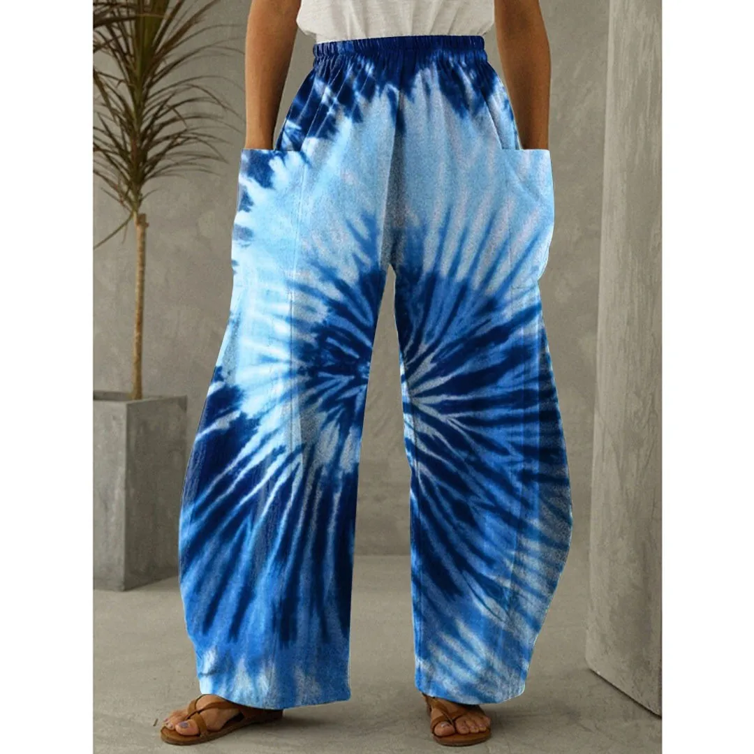 

Women's Casual Blue Patterned Double Pocket Thin Casual Elastic Waistband Pants, Loose and Fashionable Shopping,Summer Hot iIms