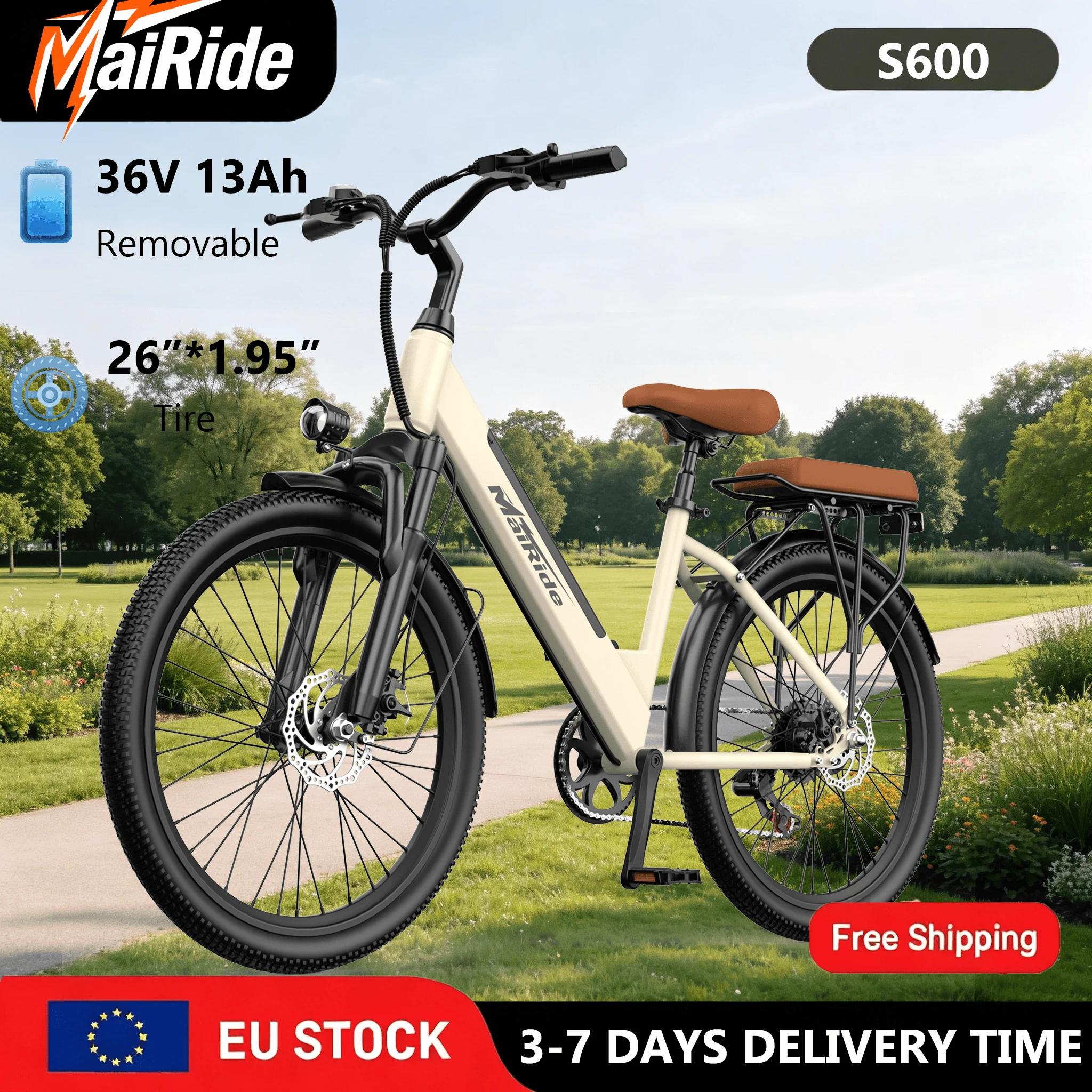 Vélo Électrique Adulte Batterie 36V 13Ah et 70km Autonomie, Vélo Électrique Urbain 7 Vitesses avec Suspension et Freins à Disque Mairide S600 250W, E-Bike