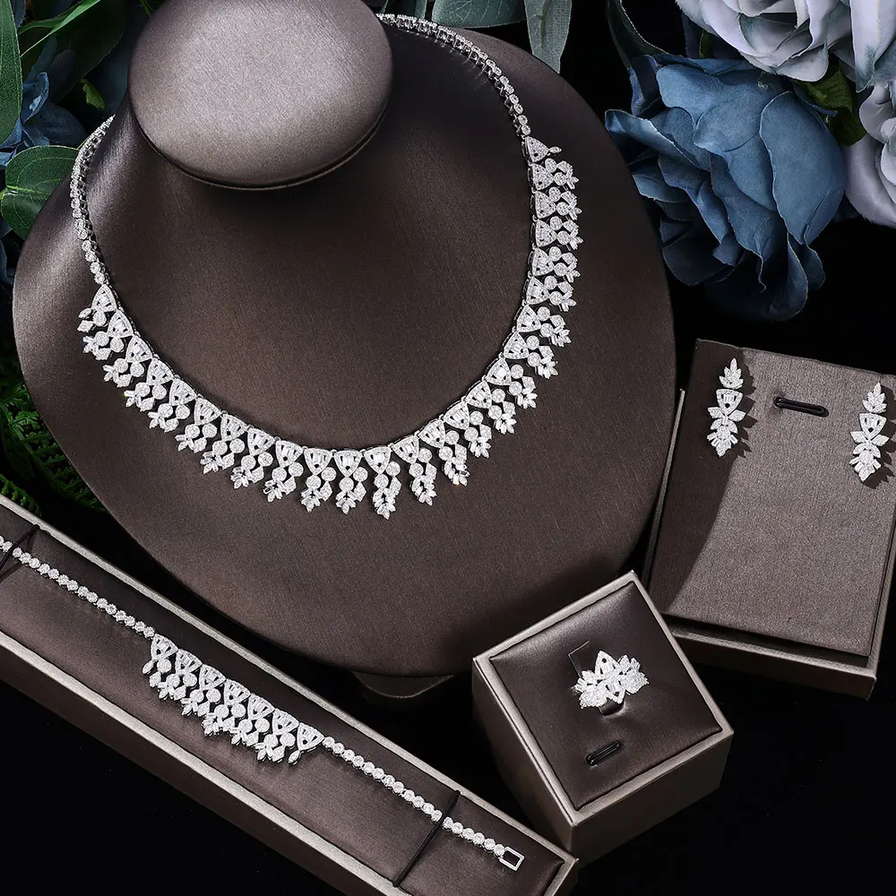 

Luxury Dubai Wedding Bridal Jewelry Set Party Accessories Leaves Shape Cubic Zirconia Necklace Earring Bracelet and Ring