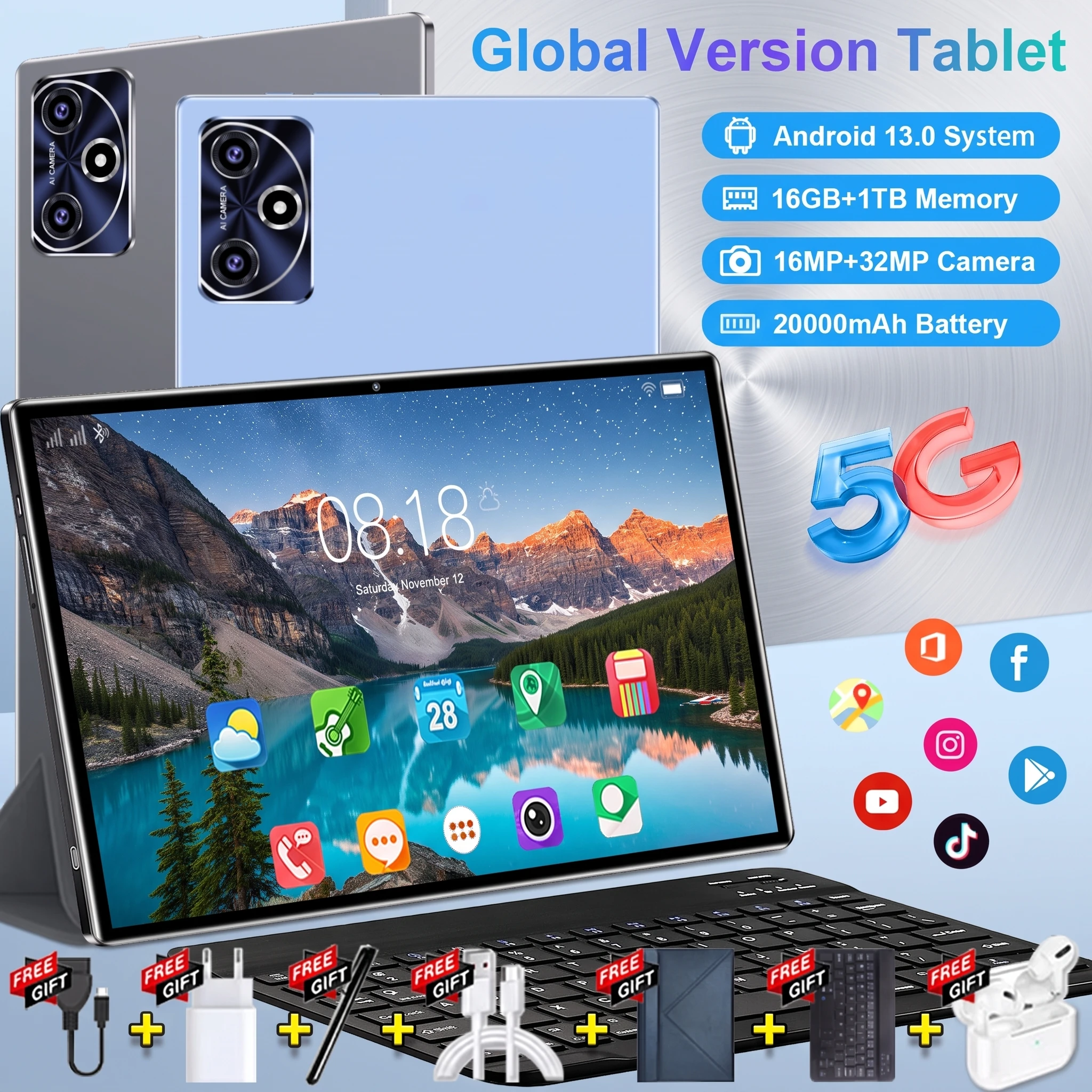 Nueva Tablet Android 13 2026, 5G WiFi Portátil, Batería de Gran Capacidad de 20000mAh, 16GB de RAM, 1TB de ROM, 10 Núcleos, Cámara Dual de