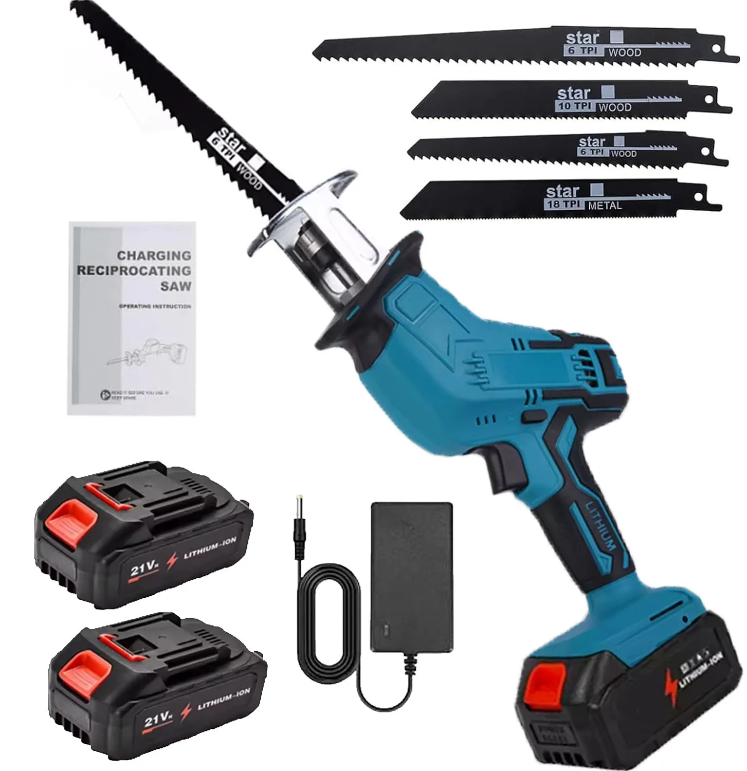 Piła szablasta akumulatorowa bezszczotkowa OWJHE, przenośne elektronarzędzia z 4 brzeszczotami do akumulatorów Makita 21V bateria*2 wariant: Battery