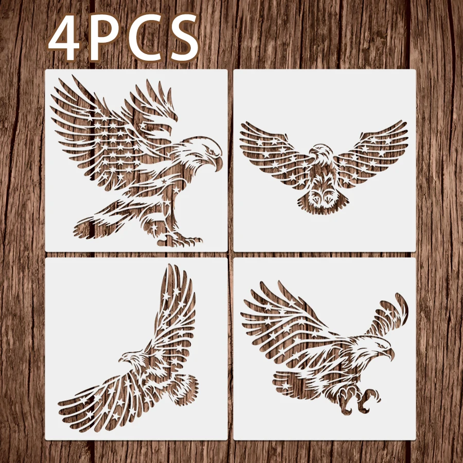 4 Pcs 11.8 inch Eagle Stencil Set with Stars Pattern for Wall Wood Fabric Painting Crafts USA Patriotic Theme